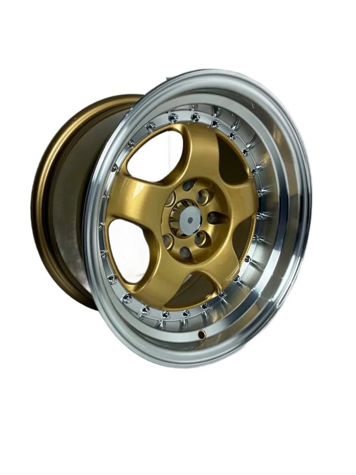PW47 - 15X8" 4X100-114.3 GOLD MACHINED LIP - SET OF 4 WHEELS