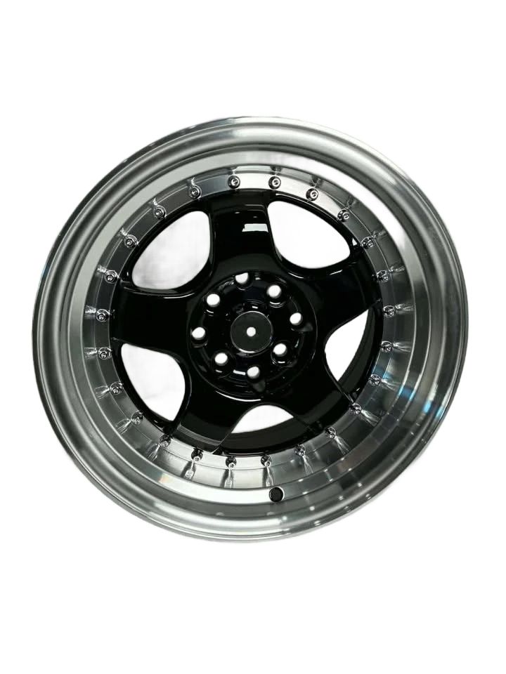 PW49 - 15X8" 4X100-114.3 GLOSS BLACK MACHINED LIP - SET OF 4 WHEELS