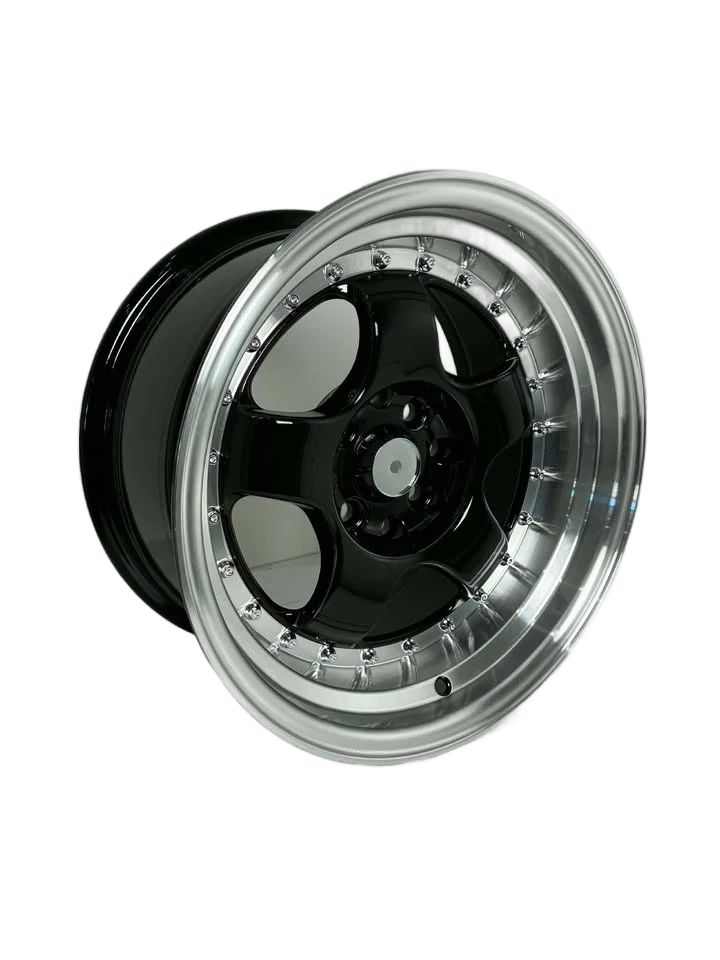 PW49 - 15X8" 4X100-114.3 GLOSS BLACK MACHINED LIP - SET OF 4 WHEELS